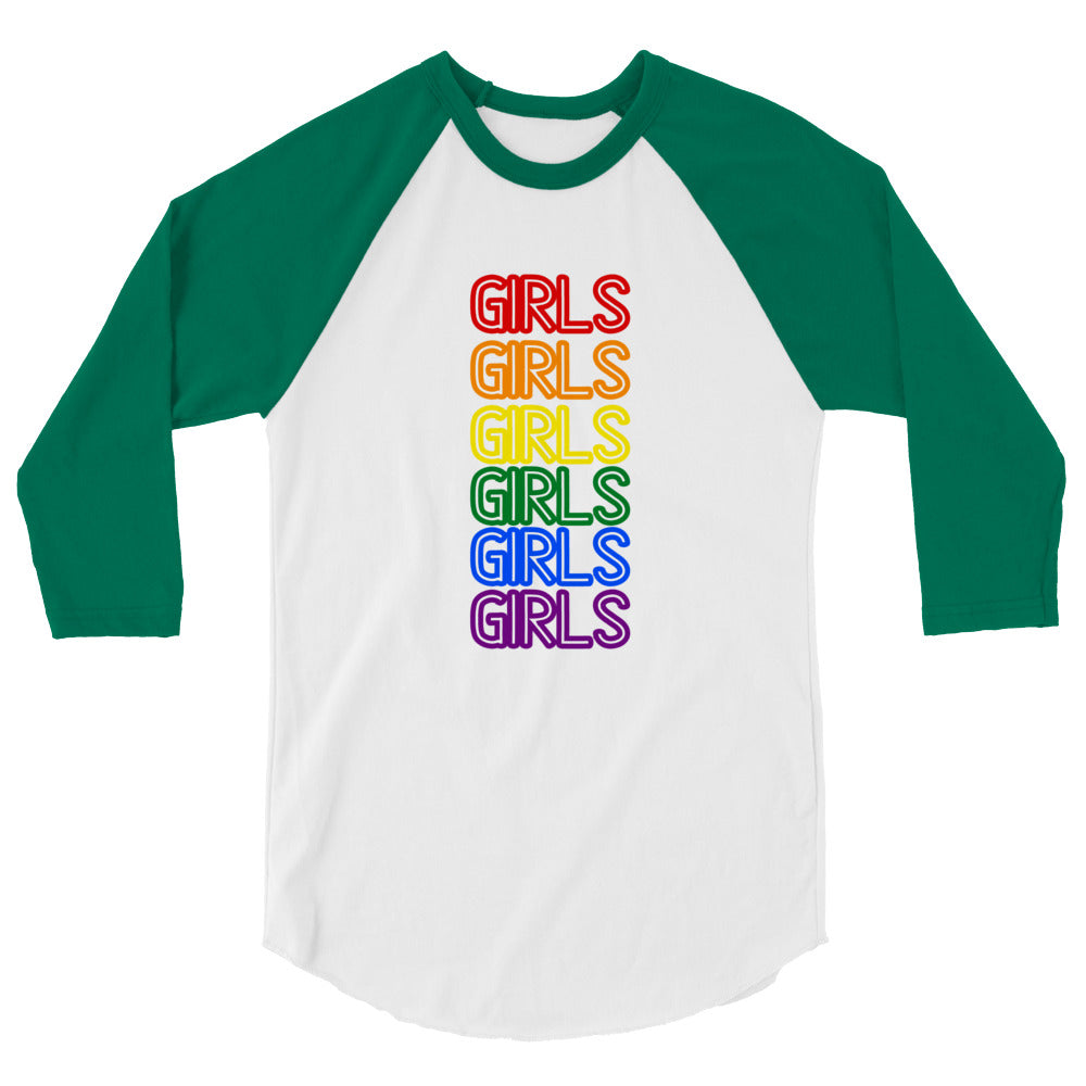 Front view of a white raglan shirt with green three-quarter sleeves and six colorful “GIRLS” lines