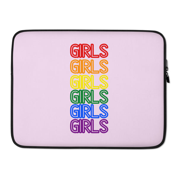Front-facing pink laptop sleeve with six colorful stacked “GIRLS” words and black trim
