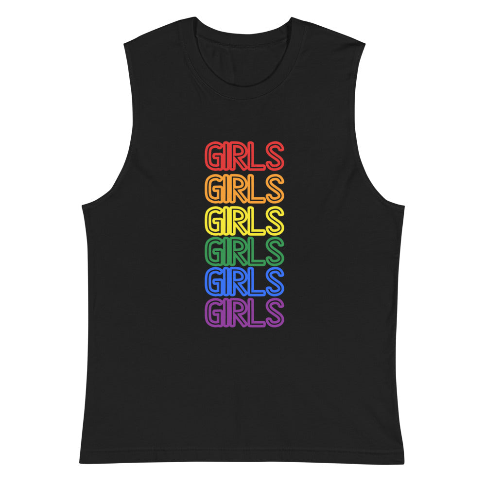 Black sleeveless muscle tank with six stacked rainbow-colored “GIRLS” lines