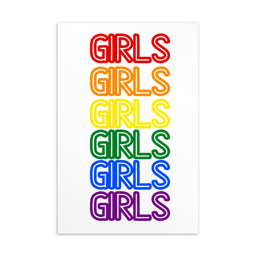 Girls Girls Girls postcard with repeated rainbow-colored lettering on a white background