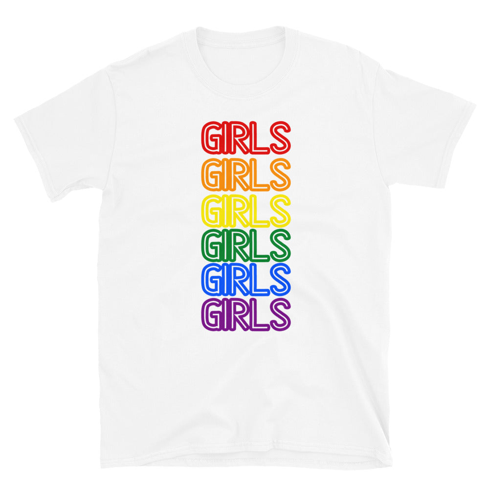 White T-shirt with six stacked rainbow-colored “GIRLS” prints