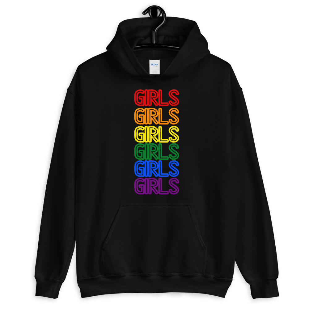 Black pullover hoodie with six rainbow-colored “GIRLS” lines and a front kangaroo pocket