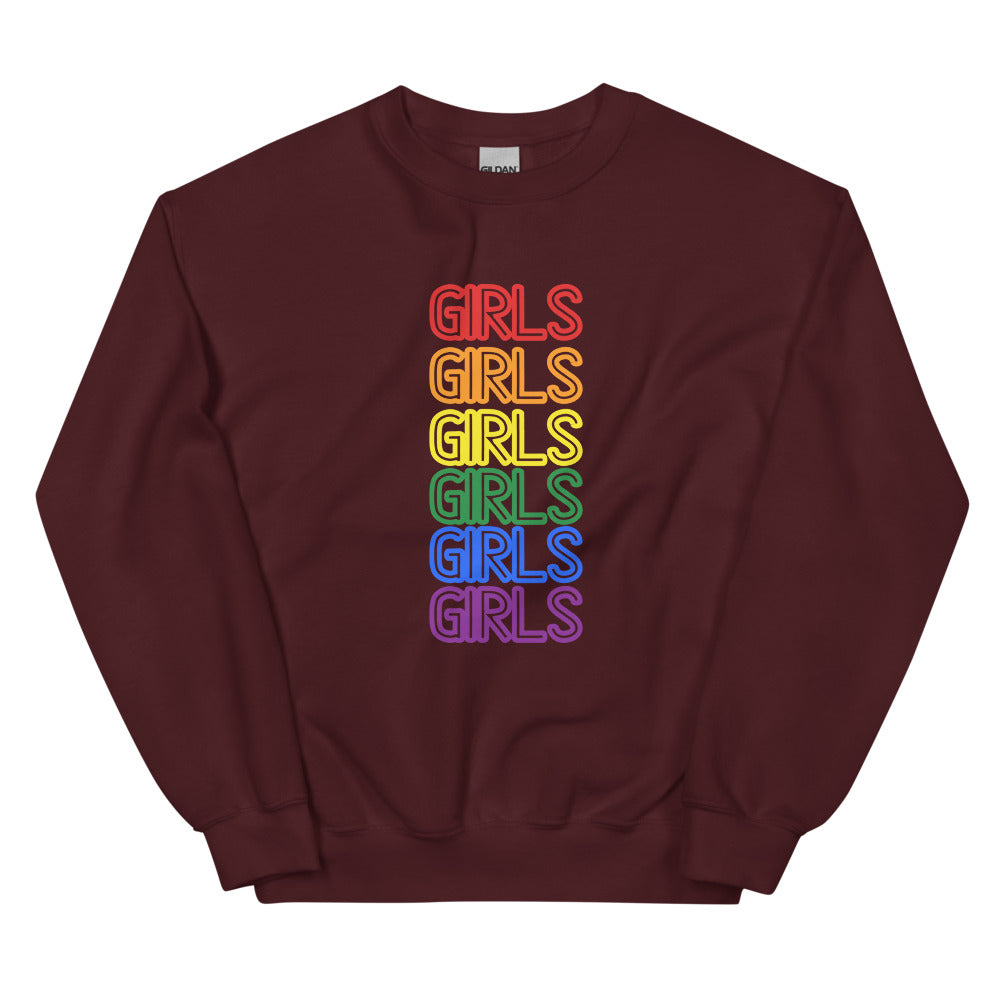 Front view of a maroon crewneck sweatshirt with “GIRLS” repeated six times in rainbow colors