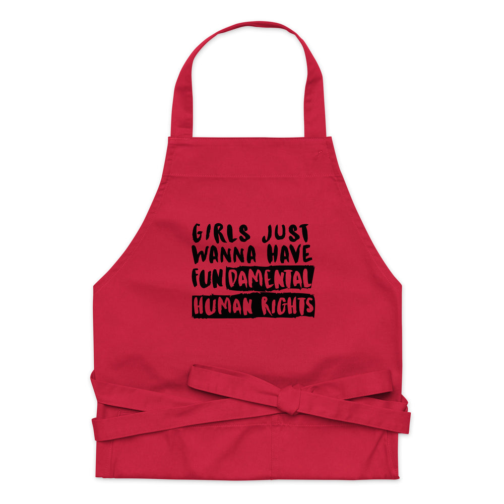 Front-facing red apron with black text reading “Girls Just Wanna Have Fundamental Human Rights”
