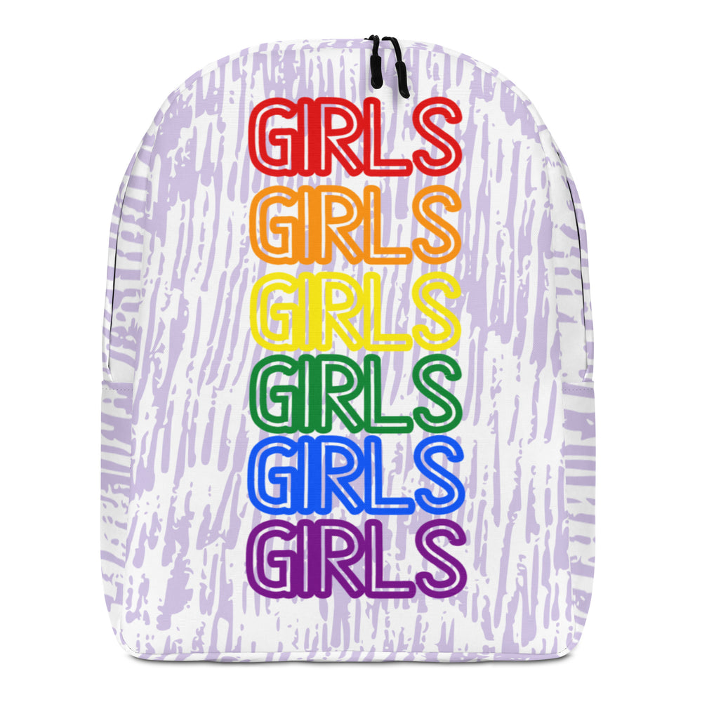 Front-view backpack with repeated multicolored “GIRLS” text on a lavender abstract pattern