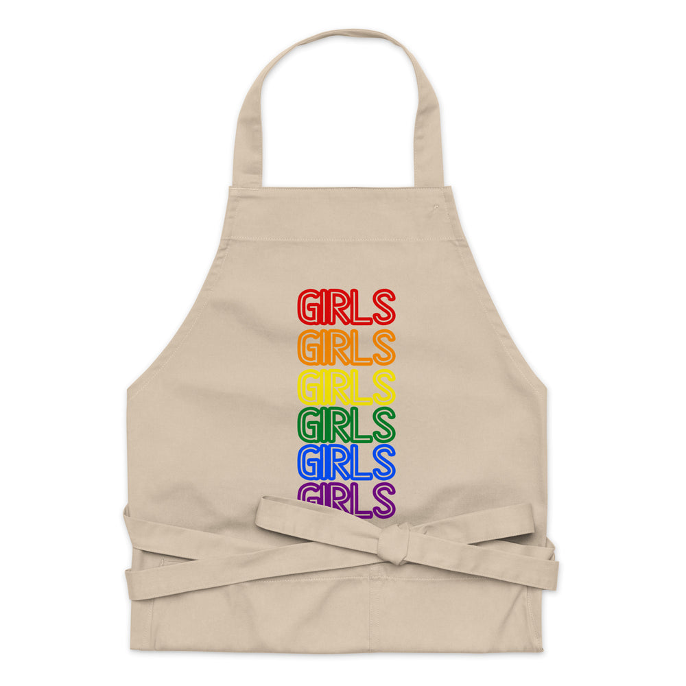 Front-facing beige apron with repeated multicolored “GIRLS” lettering and tied waist straps