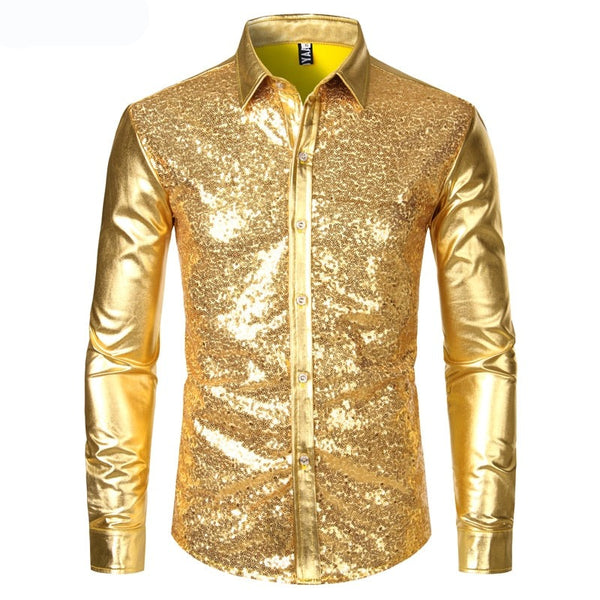 Front view of a gold long-sleeve button-up shirt with a glittering sequin front