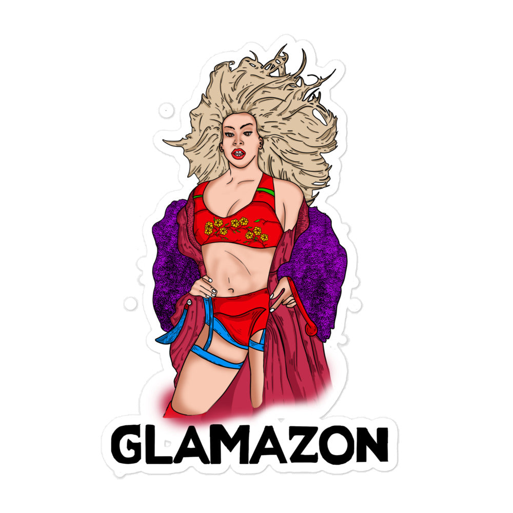 Glamazon sticker showing a glamorous woman in red lingerie with blue garter straps and purple robe