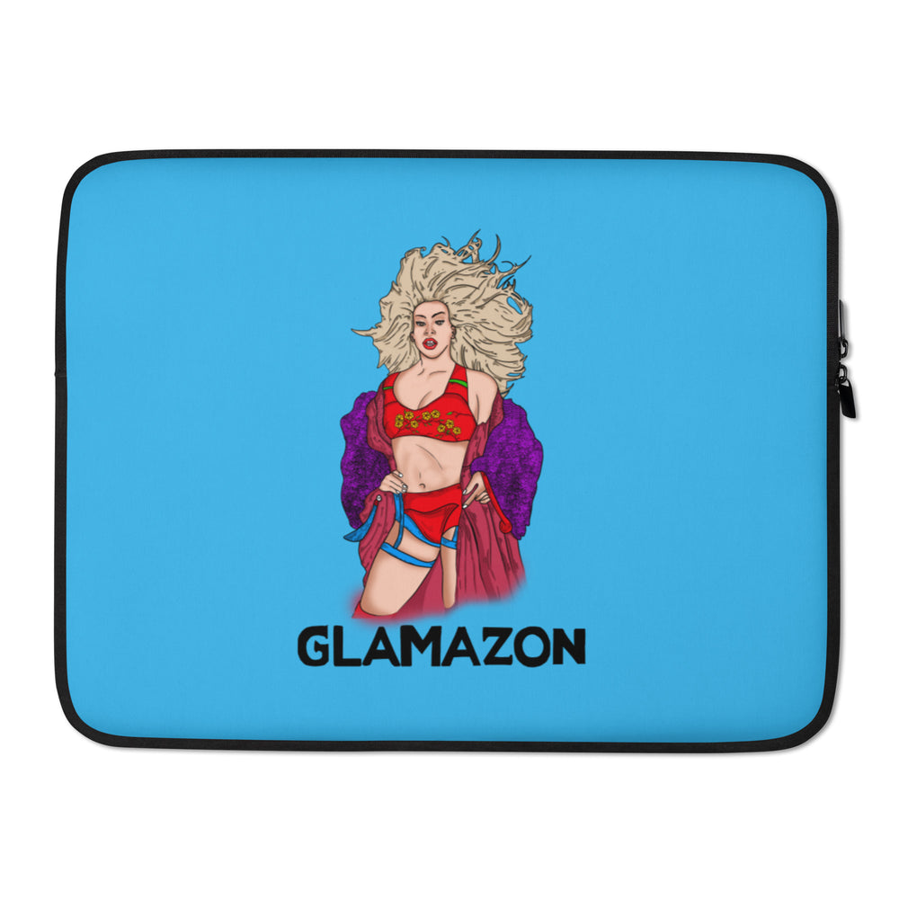 Blue laptop sleeve with black trim, a glamorous illustrated woman, and “GLAMAZON” text