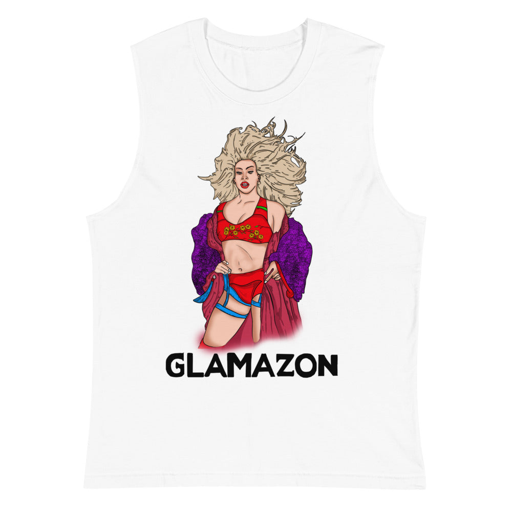 White muscle tank top with a glamorous illustrated woman and “GLAMAZON” text