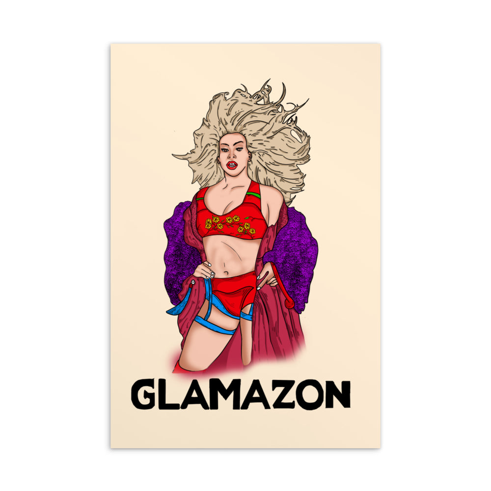 Glamazon postcard showing a glamorous woman in lingerie and a purple robe, with “GLAMAZON” below