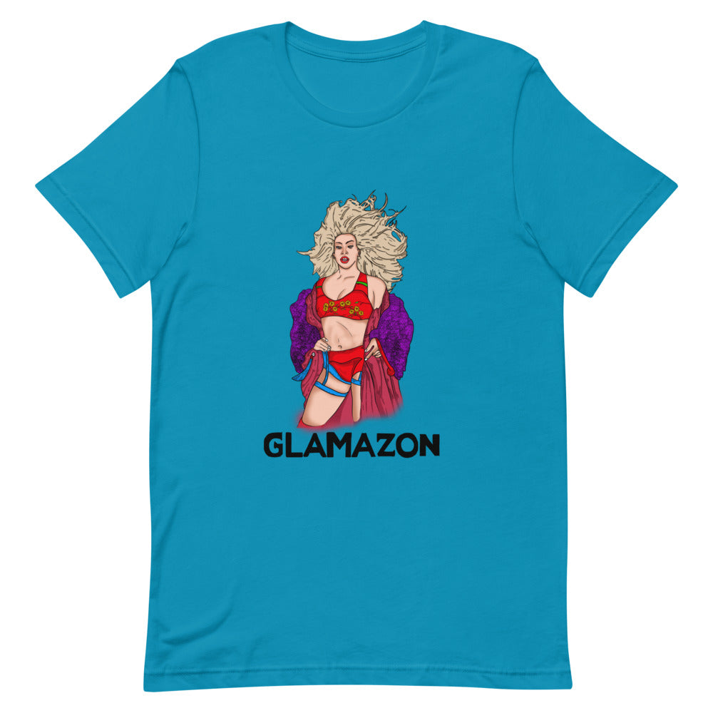 Front view of an aqua T-shirt with a glamorous illustrated woman and “GLAMAZON” text