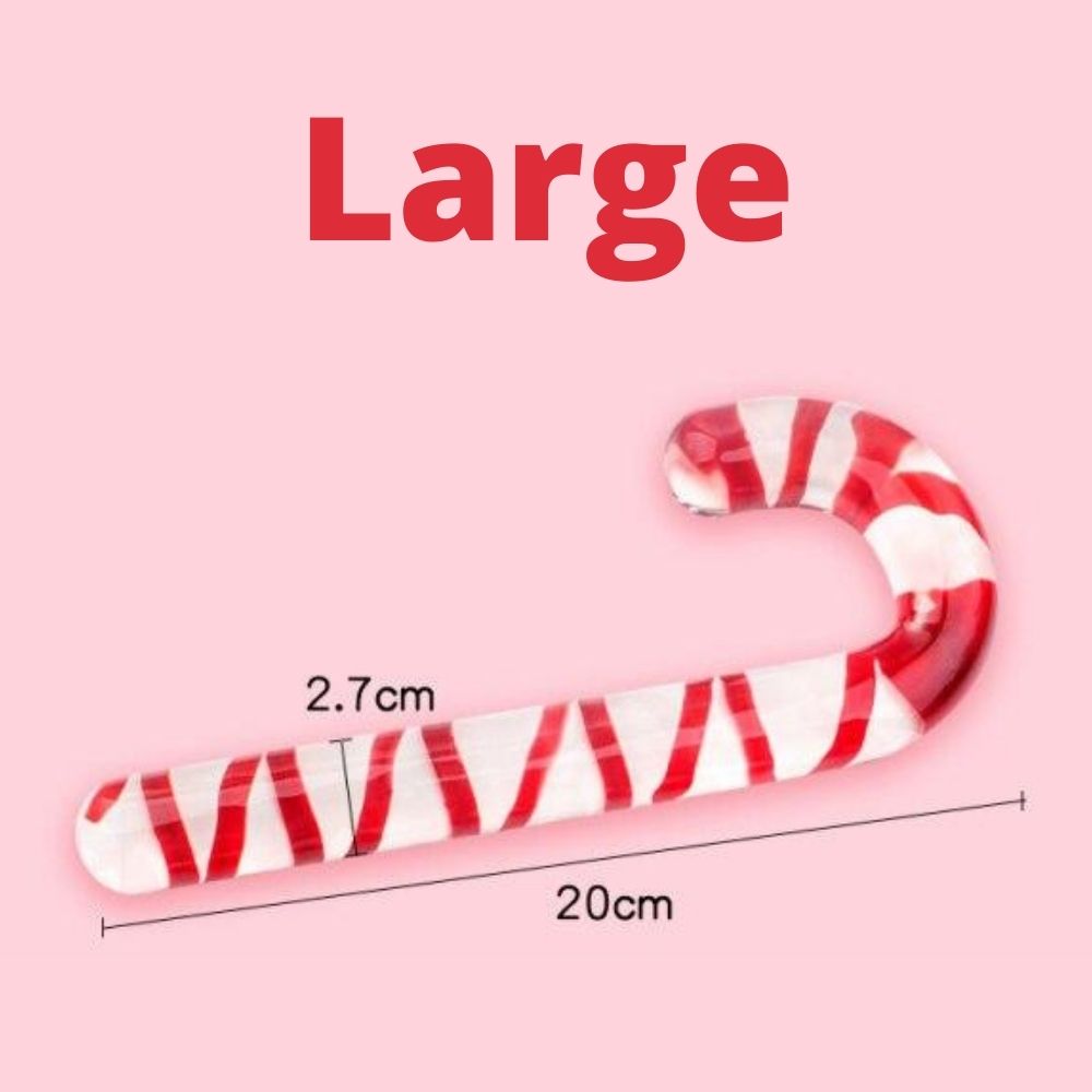 Large red-and-white striped candy cane-shaped glass dildo, shown with 20 cm and 2.7 cm measurements