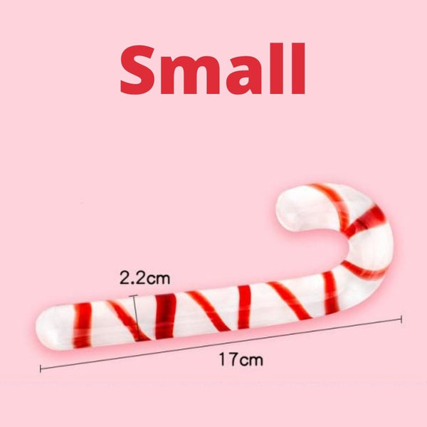 Small white glass candy-cane dildo with red spiral stripes, shown with 17 cm and 2.2 cm measurements