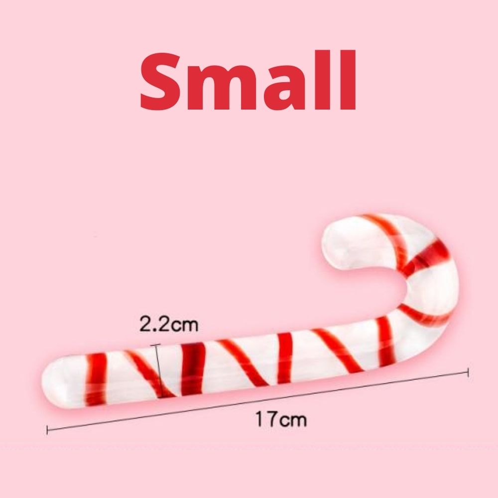 Small white glass candy-cane dildo with red spiral stripes, shown with 17 cm and 2.2 cm measurements