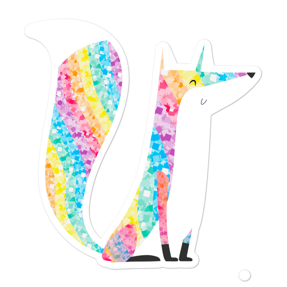 Glitter fox sticker featuring a colorful mosaic-patterned fox with a large fluffy tail