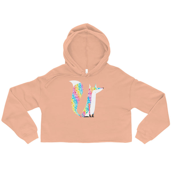 Peach cropped hoodie with a colorful glitter fox graphic, shown flat from the front