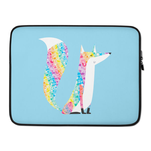 Laptop sleeve with a colorful glitter-style fox on a light blue background