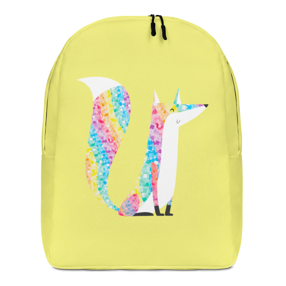 Front view of a bright yellow backpack with a colorful glitter-style fox graphic
