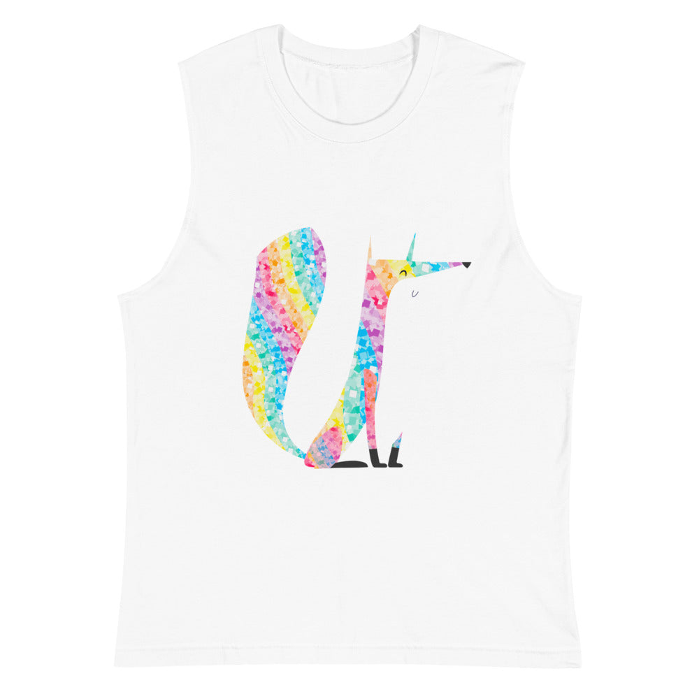 White muscle tank top with a colorful glitter-style fox graphic