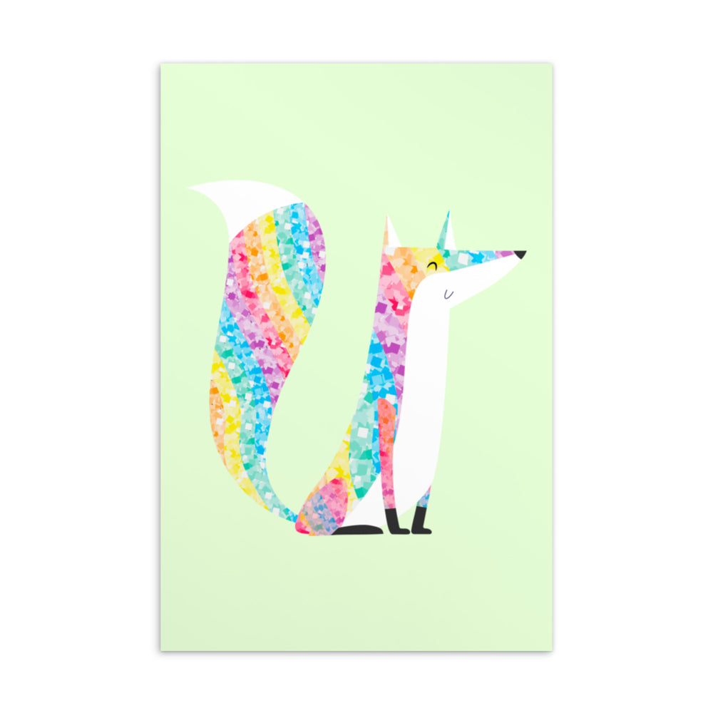 Front-facing postcard with a colorful glitter-patterned fox on a pale green background