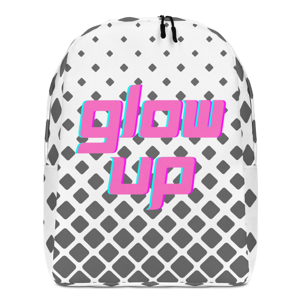 Front view of a white backpack with gray diamond pattern and pink “glow up” lettering
