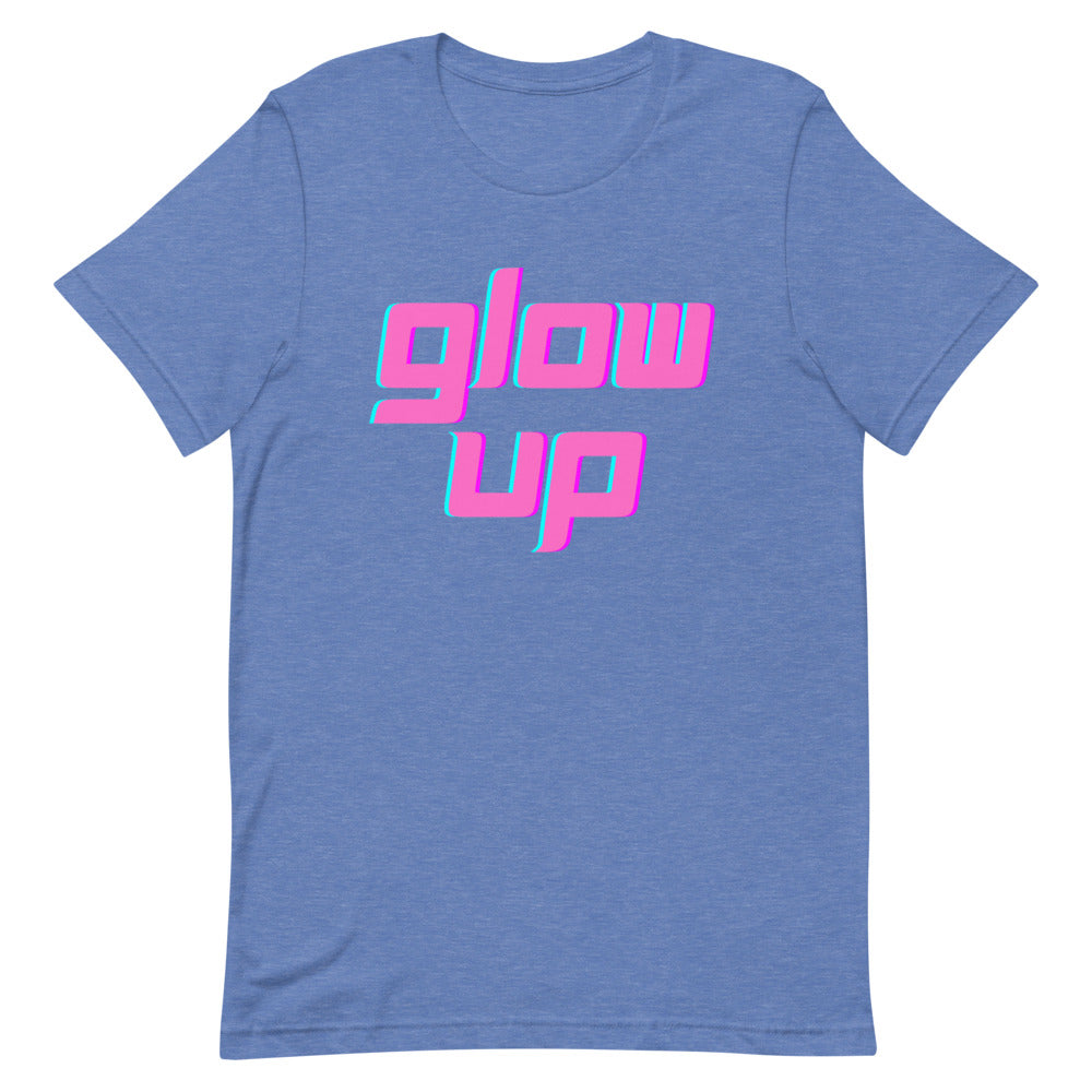 Blue T-shirt with pink and turquoise “glow up” lettering on the front