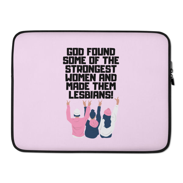Lavender laptop sleeve with black trim, lesbian-themed text, and four illustrated figures