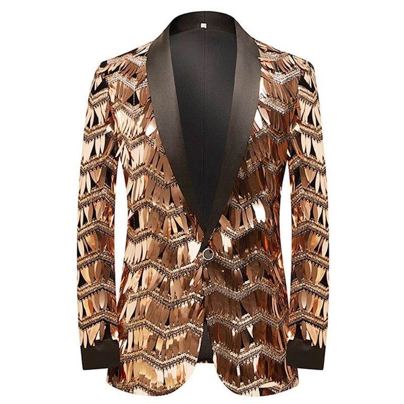 Front view of a brown and gold patterned jacket with black satin shawl lapels