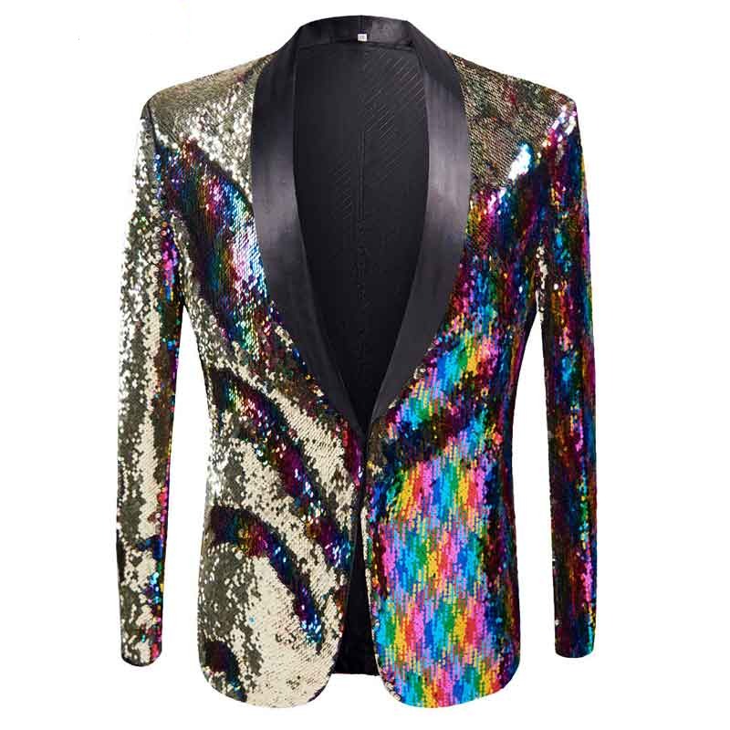 Front view of a rainbow sequin blazer with black satin lapels on white
