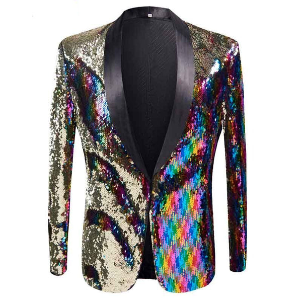 Front view of a rainbow sequin blazer with black satin lapels on white