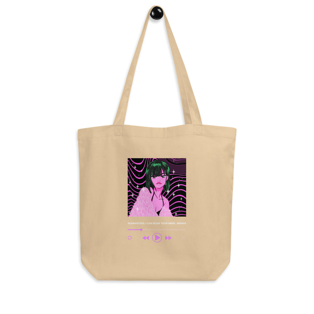 Oyster tote bag with pink-and-black pop-art woman and “GUARANTEED, I CAN BLOW YOUR MIND...MWAH!”