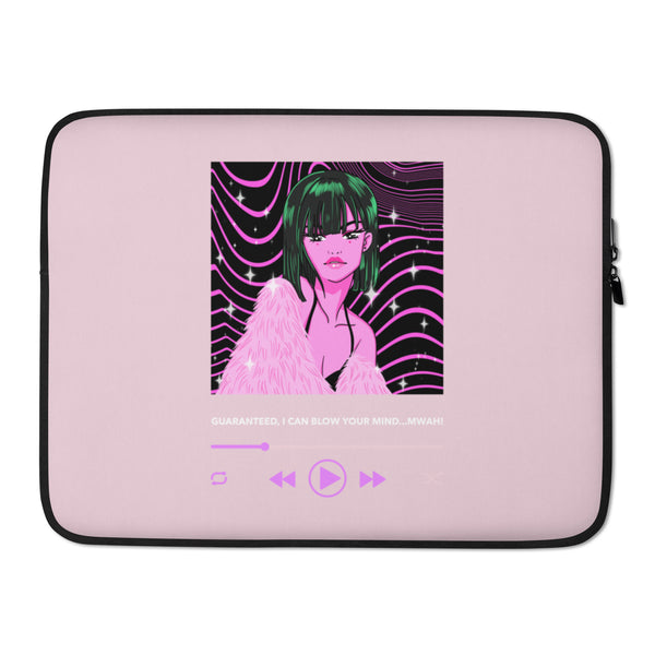 Pink laptop sleeve with anime-style woman, music-player icons, and “Guaranteed, I Can Blow Your Mind...Mwah!” text