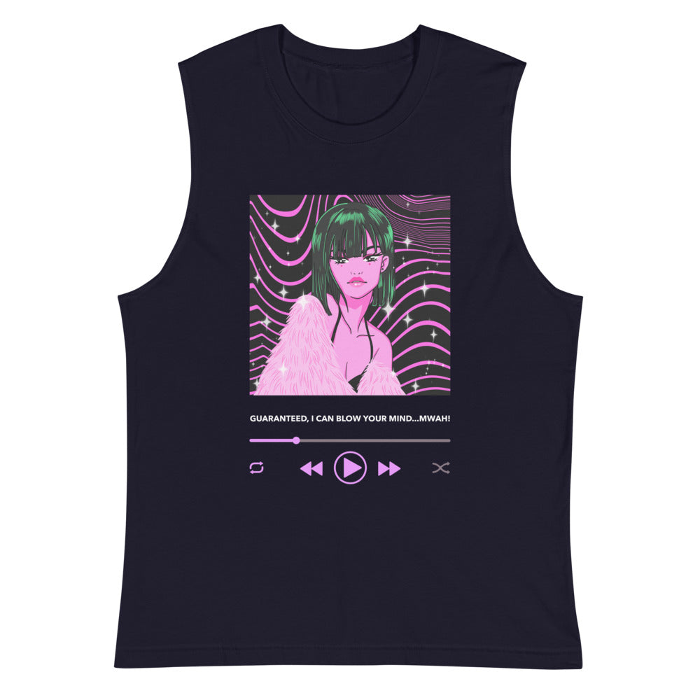 Navy muscle tank top with neon anime woman, music-player graphics, and “GUARANTEED, I CAN BLOW YOUR MIND...MWAH!”