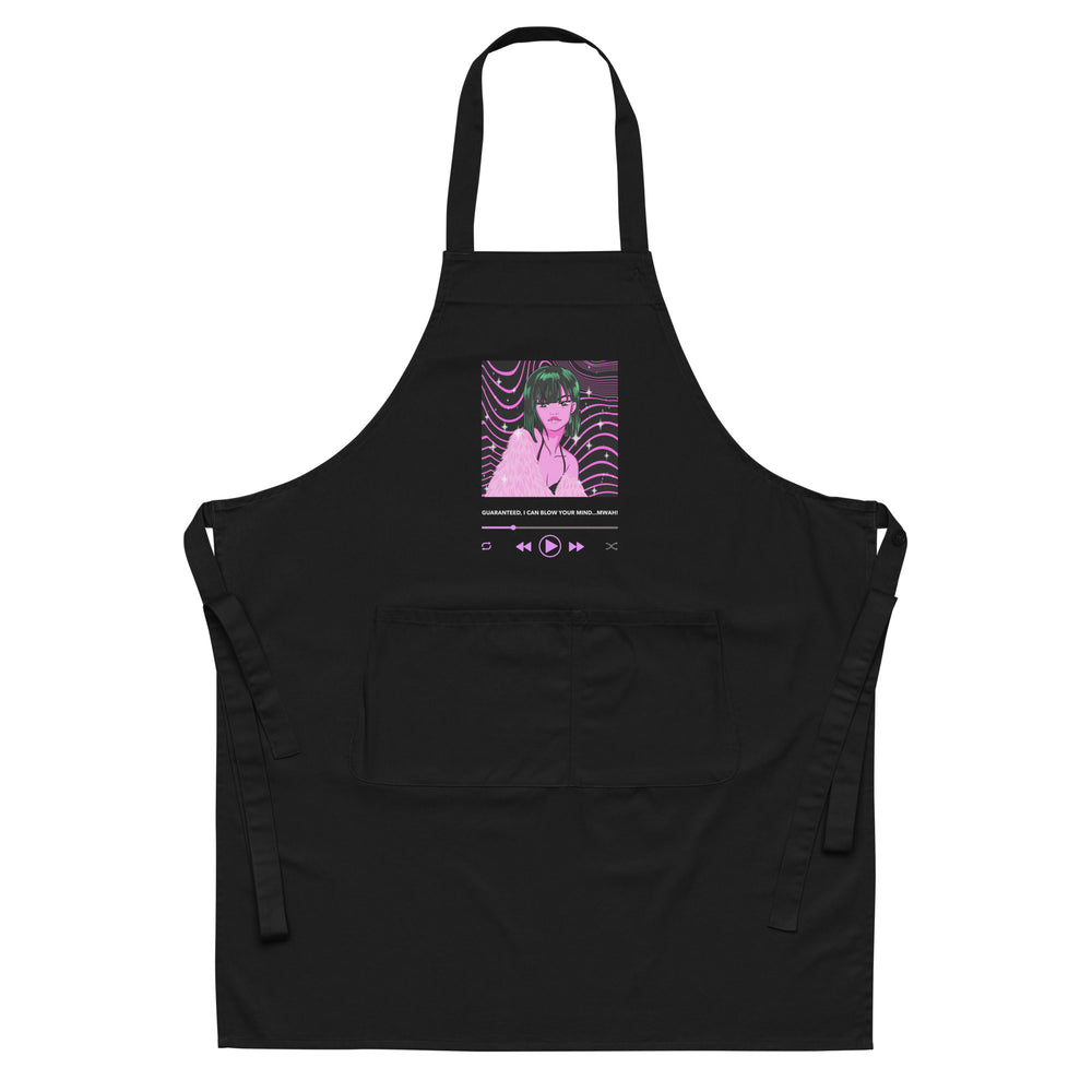 Front view of a black apron with pink anime artwork, music-player icons, and printed text