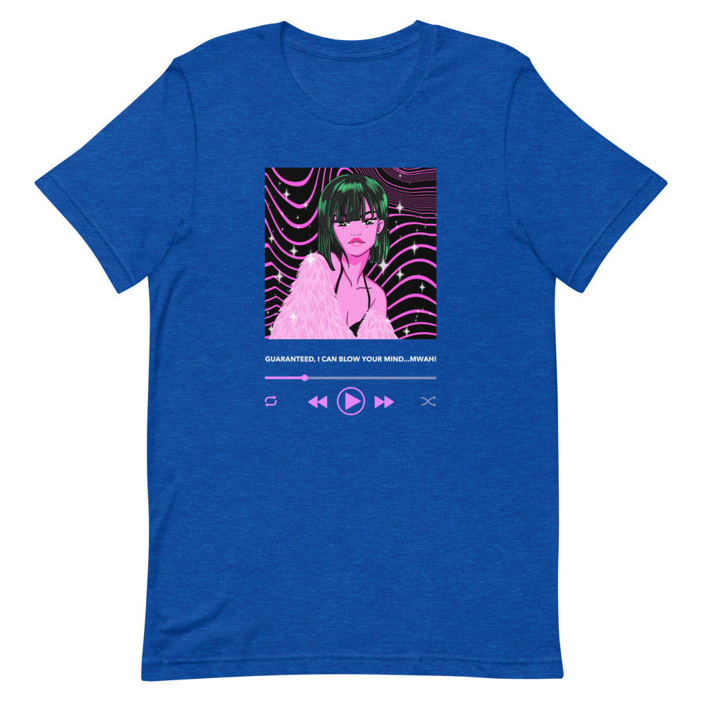 Blue T-shirt with a pink-and-black anime-style woman and music-player graphic reading “GUARANTEED, I CAN BLOW YOUR MIND...