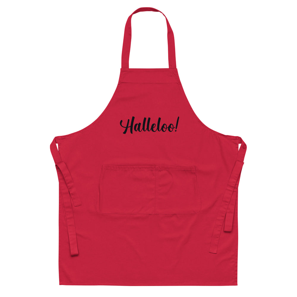 Front view of a red apron with neck strap, waist ties, pocket, and black “Halleloo!” text
