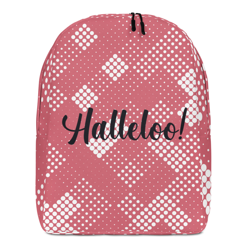 Front view of a pink backpack with white dotted heart patterns and black “Halleloo!” text