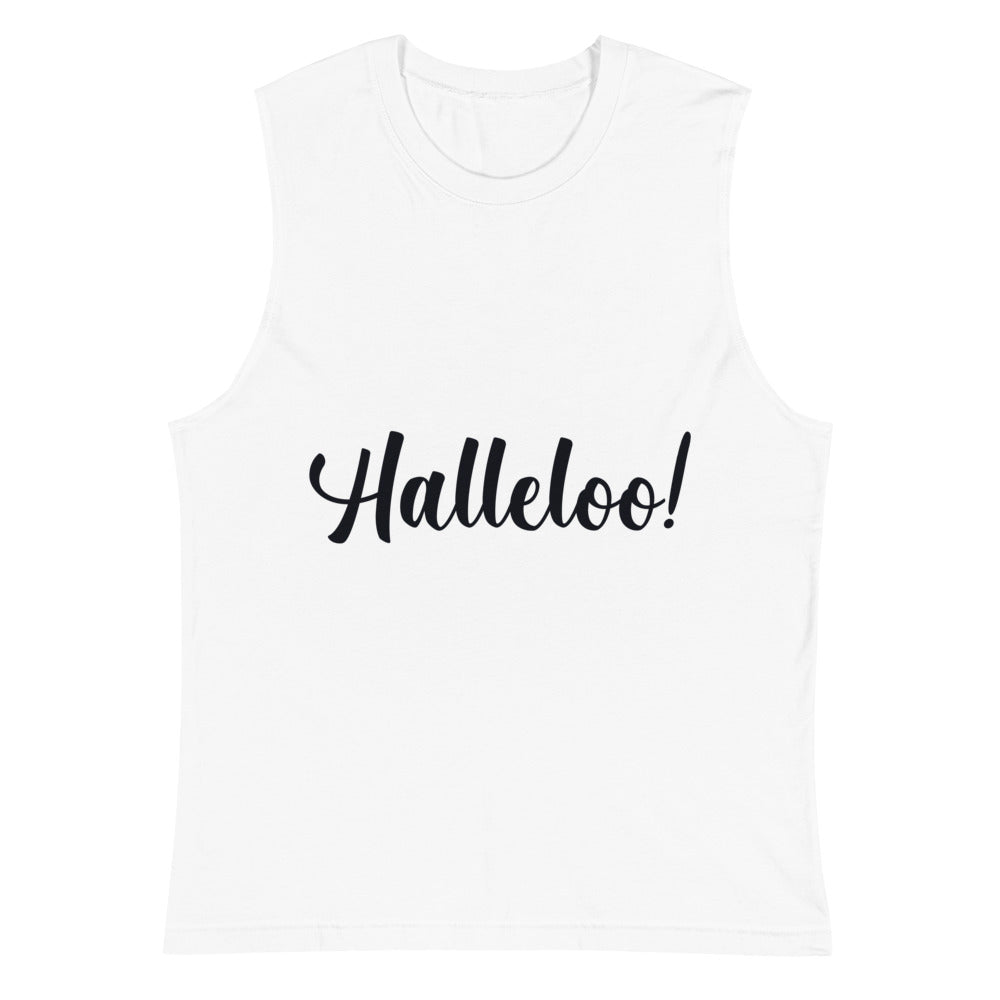 White sleeveless muscle top with black script reading “Halleloo!”
