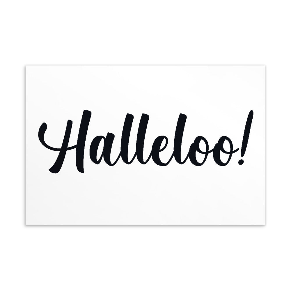 White postcard with the word “Halleloo!” in large black script lettering