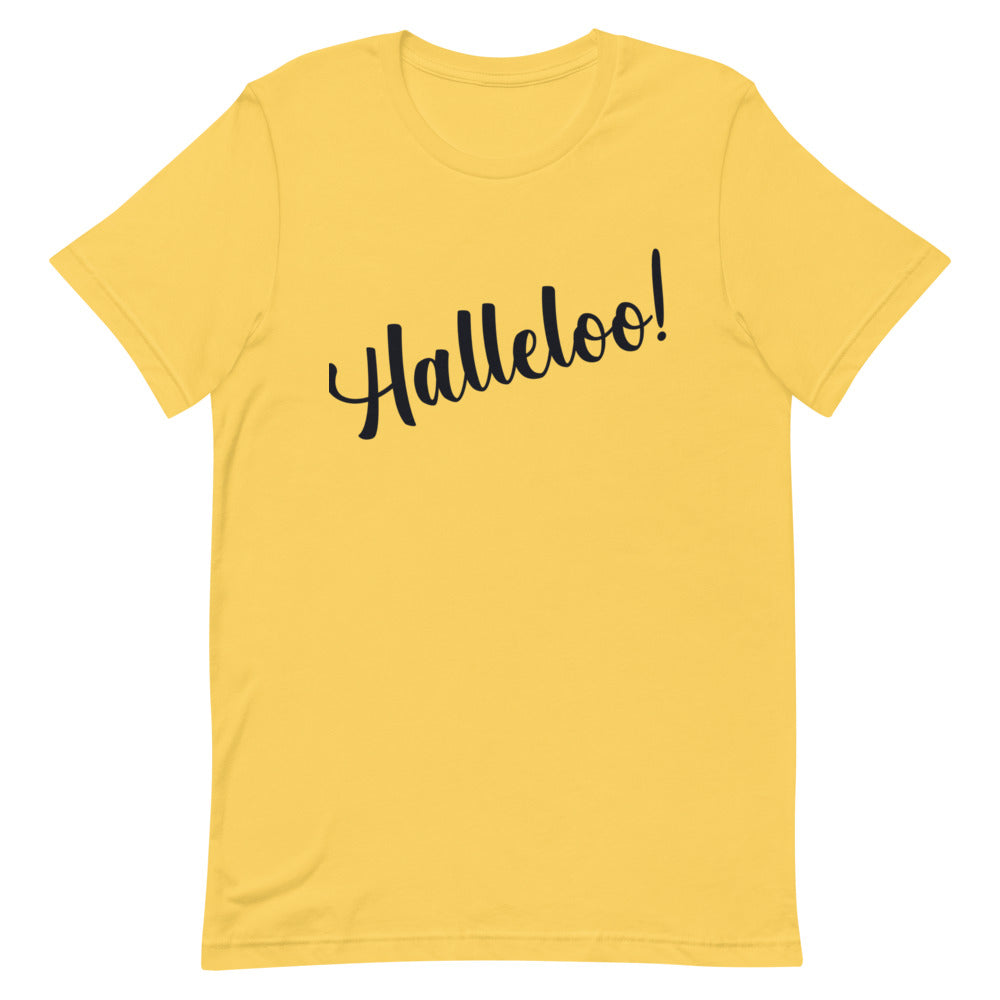 Yellow T-shirt with black script reading “Halleloo!”