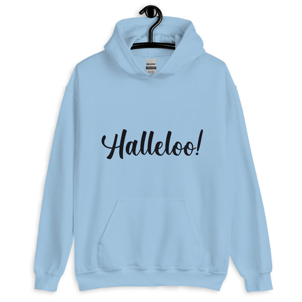 Front view of a light blue hoodie on a hanger with black “Halleloo!” lettering