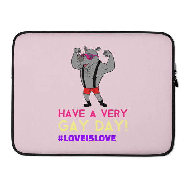 Pink laptop sleeve with flexing rhinoceros graphic and “Have a Very Gay Day!” text