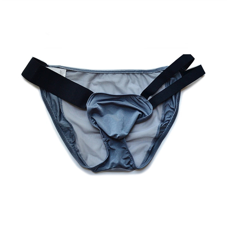 Front-facing flat lay of gray sheer mesh men's briefs with black elastic straps