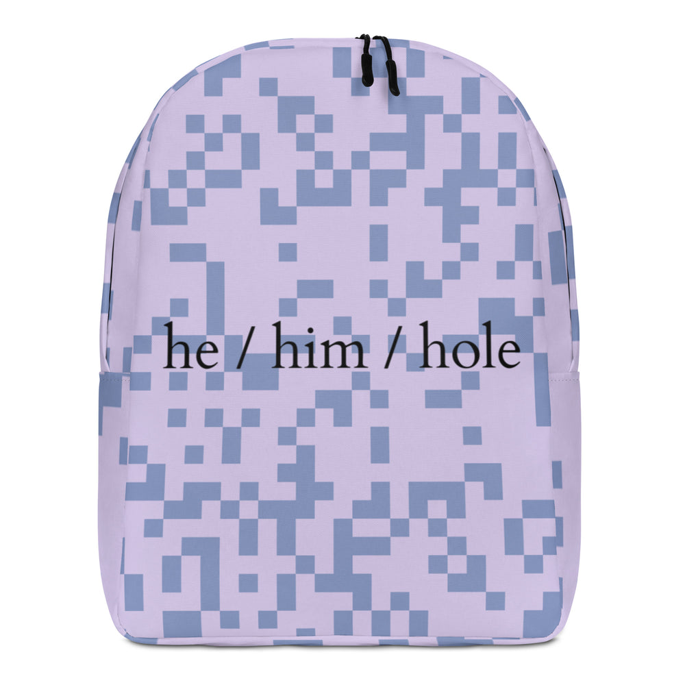 Front-facing lavender backpack with blue pixel pattern and “he / him / hole” text
