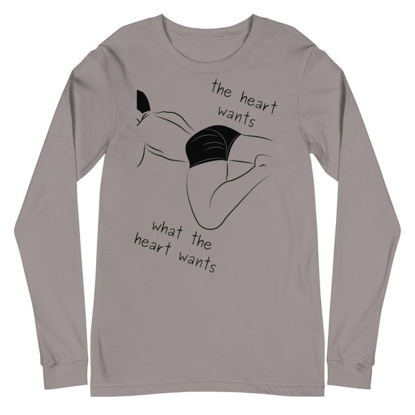 Gray long-sleeve shirt with a black line drawing of a reclining couple and “the heart wants what the heart wants”