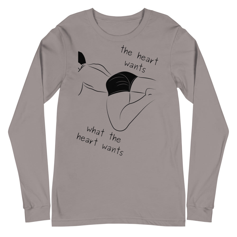 Gray long-sleeve shirt with a black line drawing of a reclining couple and “the heart wants what the heart wants”