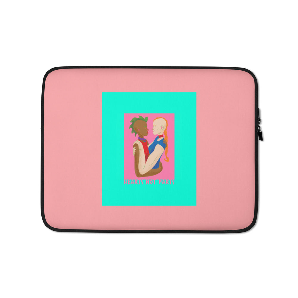 Front view of a pink laptop sleeve with two embracing figures and “HEARTS NOT PARTS” text