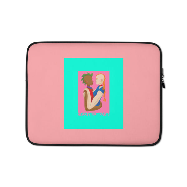 Front view of a pink laptop sleeve with two embracing figures and “HEARTS NOT PARTS” text