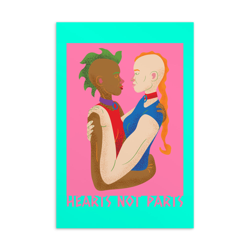 “Hearts Not Parts” postcard showing two lovers embracing against a pink and turquoise background